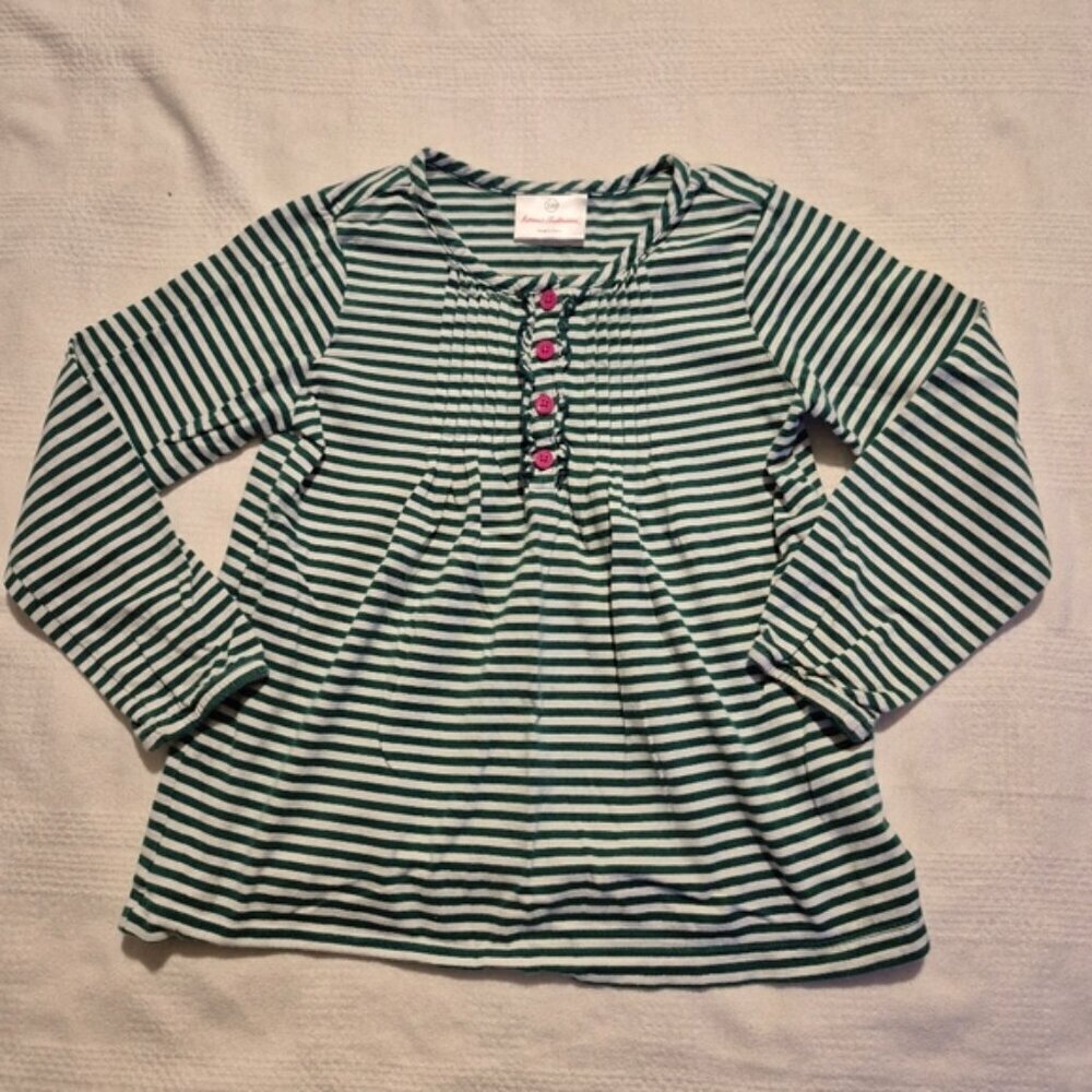 Hanna Andersson girls size 110 or 5 green and white stripes long sleeve shirt